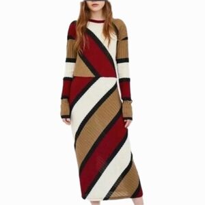 Zara Trafulac Red Tan Maxi Sweater Dress